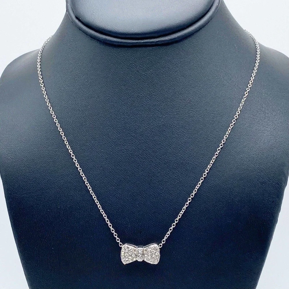 New York & Company Silver Tone Pave Rhinestone Bow Pendant Necklace Adorable 18" - Picture 1 of 6